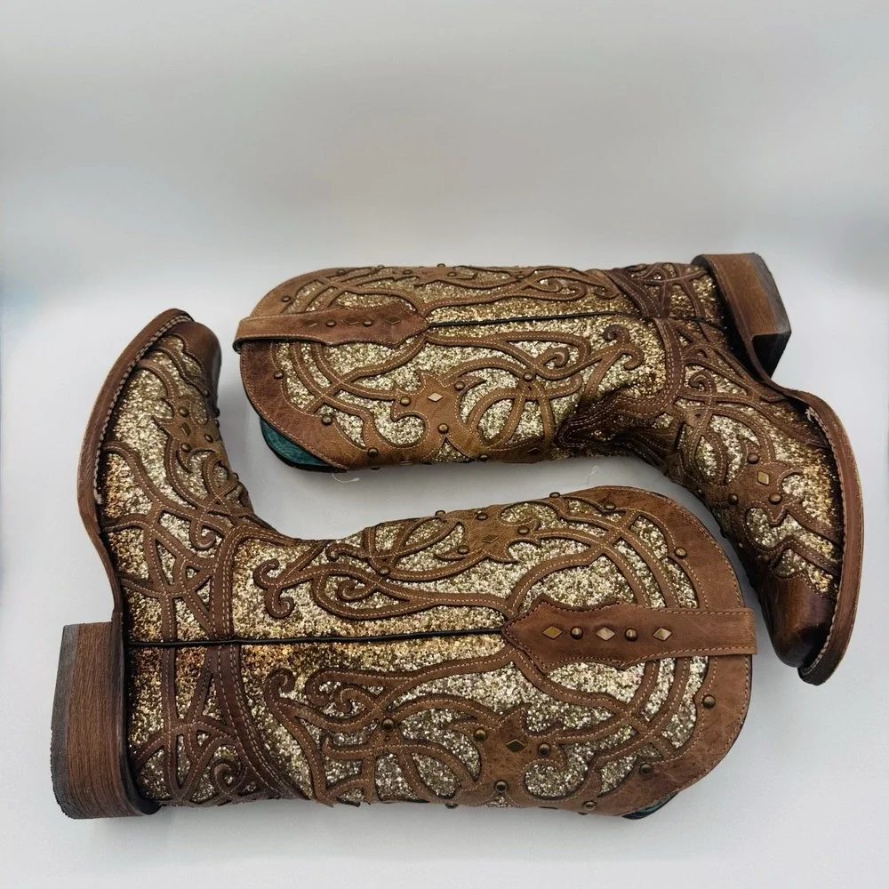 Corral Orix Glitter Inlay‎ Boots Women's Size 11 Brown Leather Gold Studded